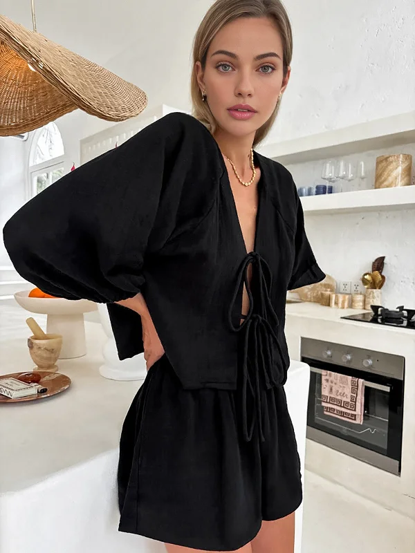 Plus - Size Casual Dresses for a Comfortable Fit​ Cotton Tie-Front Long Sleeve Shorts Set