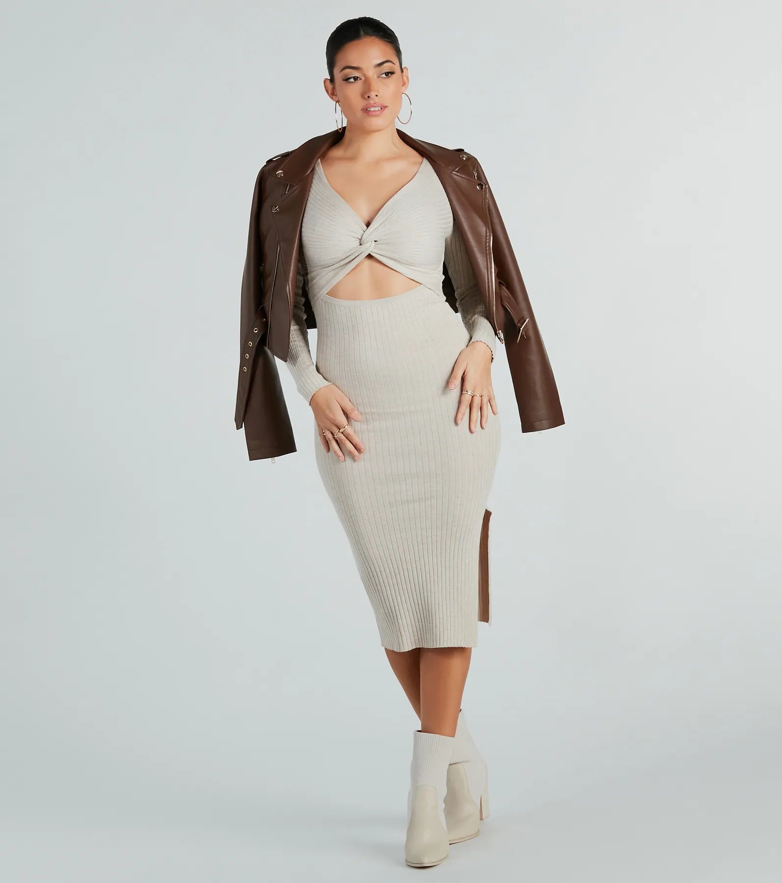 Midi dresses with satin - finish fabrics for a luxurious feel Twist Perfection Cutout Sweater Midi Dress Midi dresses with satin - finish fabrics for a luxurious feel Twist Perfection Cutout Sweater Midi Dress