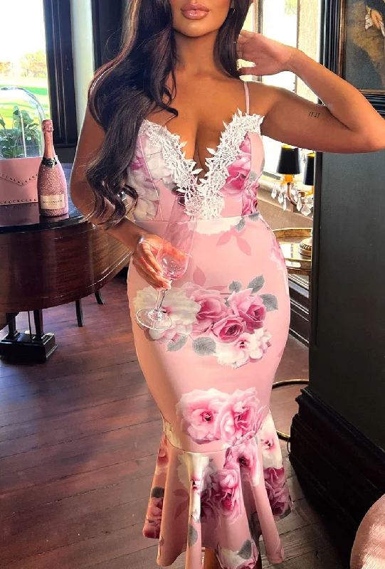 A - line midi dresses with floral prints for spring brunches Wrapped In Love Pink Floral Lace Trim Midi Dress A - line midi dresses with floral prints for spring brunches Wrapped In Love Pink Floral Lace Trim Midi Dress