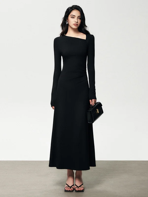 Polyester - Cotton Blend Casual Dresses​ Ribbed Knit Asymmetric Long Sleeve Bodycon Long Dress