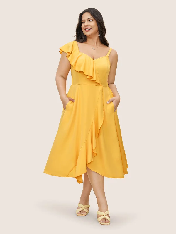 Everyday Dress with Sleeve Cuffs with Buttons for a Neat Finish​ Citrus Solid Ruffle Trim Surplice Neck Dress