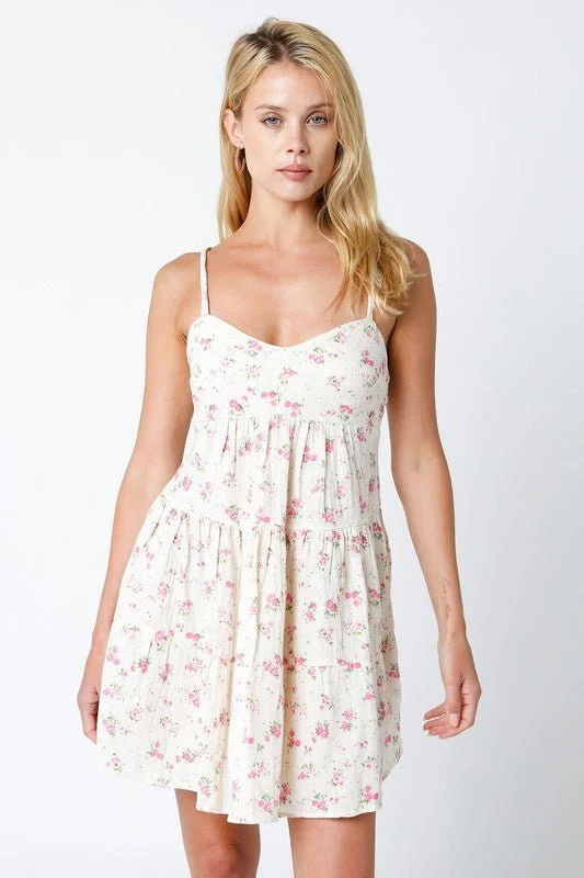 Long - Sleeve Casual Dresses in Lightweight Fabrics​ Promenade Cream and Pink Floral Tiered Mini Dress