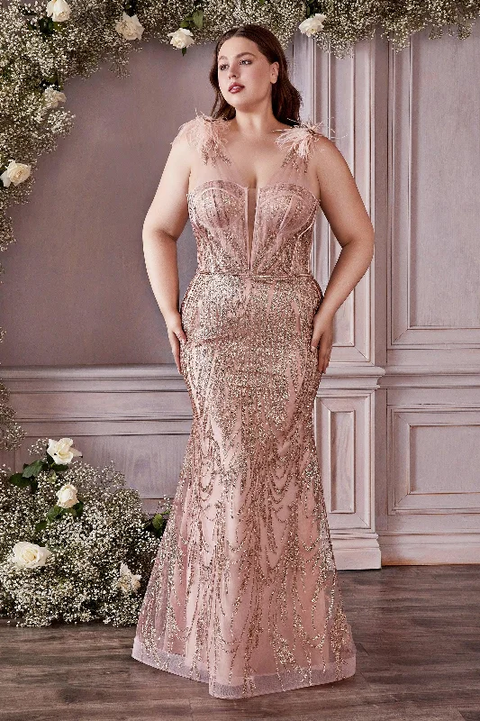 Embroidered wedding dresses with metallic threads​ Cinderella Divine CB087C Plus Size Long A Line Prom Dress