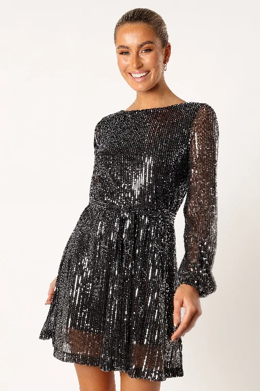 Midi dresses with lace - up fronts for a unique and adjustable style Linnie Long Sleeve Mini Dress - Black Sequin Midi dresses with lace - up fronts for a unique and adjustable style Linnie Long Sleeve Mini Dress - Black Sequin