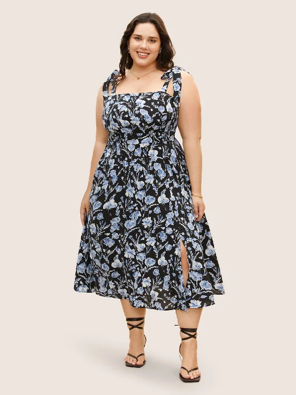 Everyday Short - sleeved Dress with Puffed Sleeves for a Retro Look​ Floral Print Tie Knot Shirred Dress