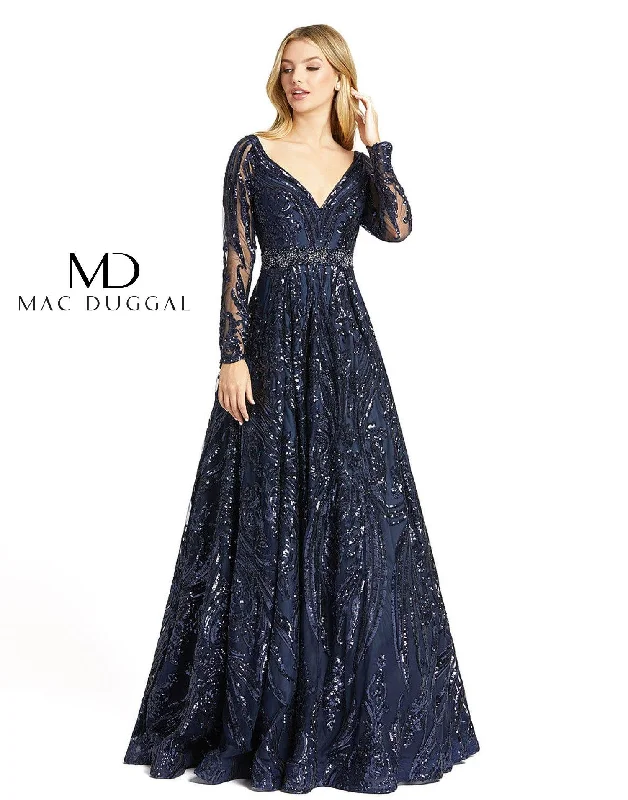 Wedding dresses with a lace - trimmed veil attachment​ Mac Duggal 67113 Long Sleeve Embellished V Neck Ball Gown