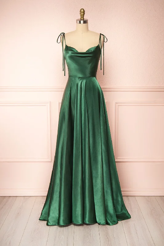 Mini dresses with polka dot patterns Moira Green | Cowl Neck Satin Maxi Dress w/ High Slit