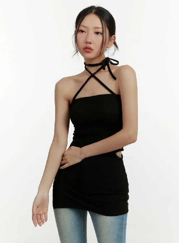 Mini dresses with gathered skirts for a voluminous effect Halter Side Cut Mini Dress CY409
