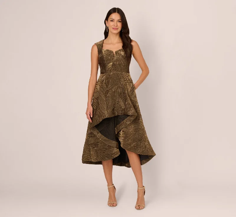 Midi dresses with animal prints for a bold and confident appearance Textured Jacquard High Low Dress With Notched Neck In Metallic Gold