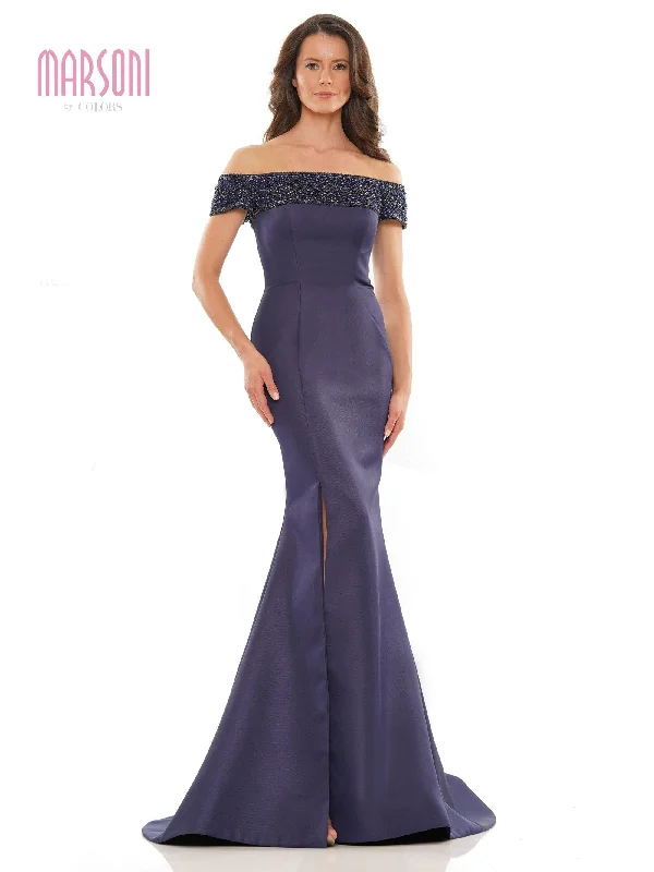 Maternity dress for a baby's first visit to the art gallery Marsoni Long Off Shoulder Beaded Formal Gown 1184