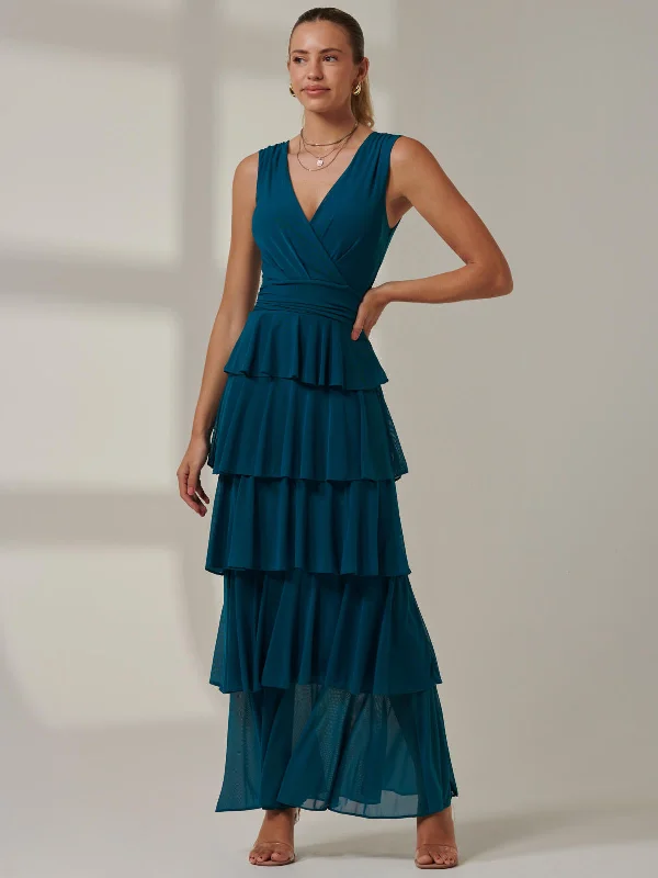 Sheath midi dresses with beaded embellishments for a formal occasion Plain Tiered Mesh Maxi Dress, Petrol Blue Sheath midi dresses with beaded embellishments for a formal occasion Plain Tiered Mesh Maxi Dress, Petrol Blue