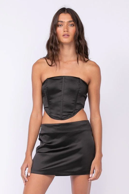 Non - Slip Casual Dresses with Adjustable Straps​ Portia Black Satin Corset Mini Dress Set