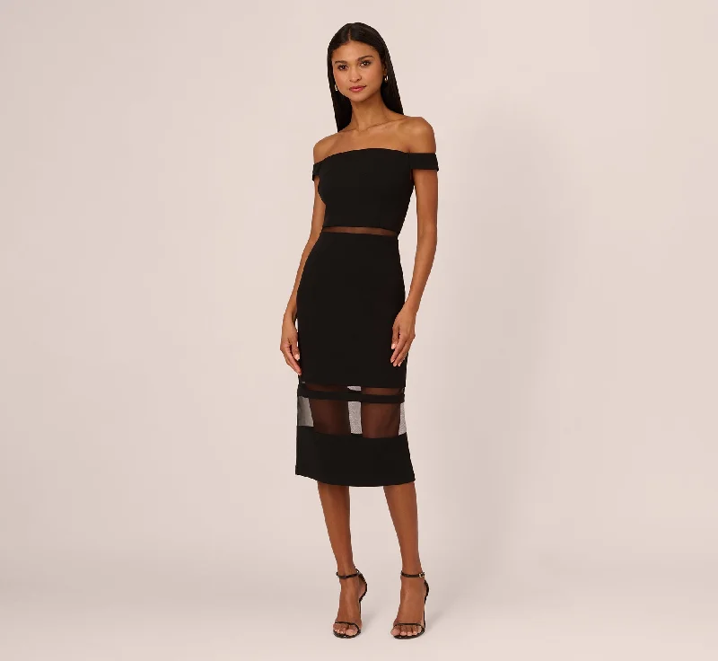 Midi dresses with polka dot prints for a playful summer outfit Off The Shoulder Sheath Dress With Sheer Panel Details In Black