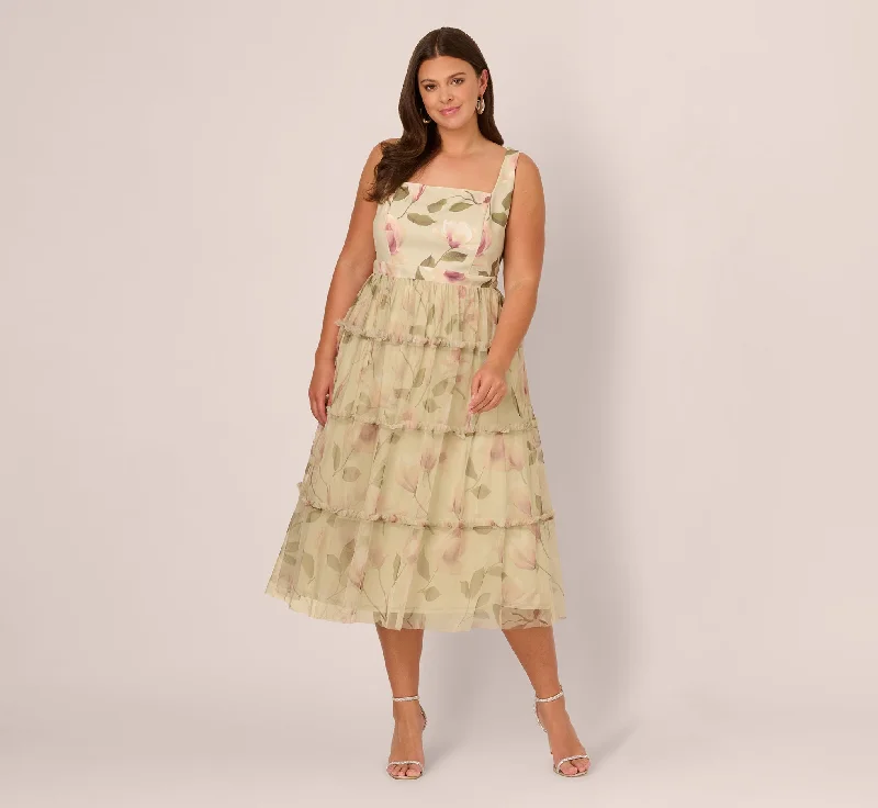 Midi dresses with empire waists for a flattering maternity option Plus Size Sleeveless Square Neck Floral Tiered Midi Dress In Green Multi Midi dresses with empire waists for a flattering maternity option Plus Size Sleeveless Square Neck Floral Tiered Midi Dress In Green Multi