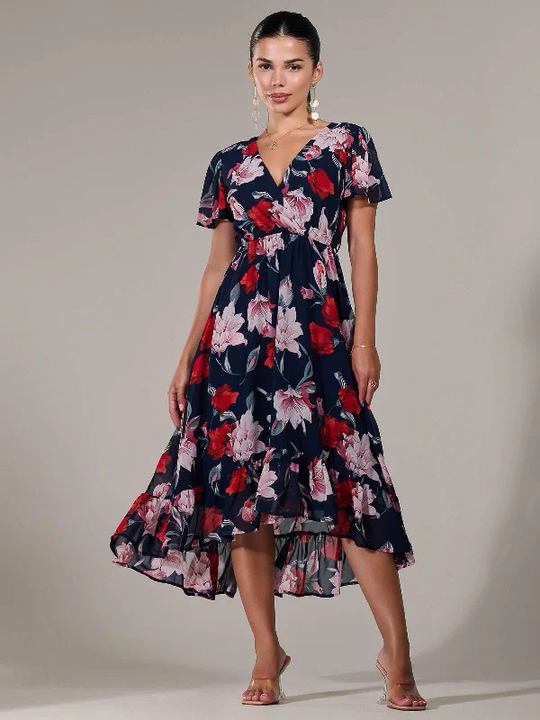 High - low midi dresses with geometric patterns for a modern party Petite High-Low Midaxi Dress, Navy Floral High - low midi dresses with geometric patterns for a modern party Petite High-Low Midaxi Dress, Navy Floral