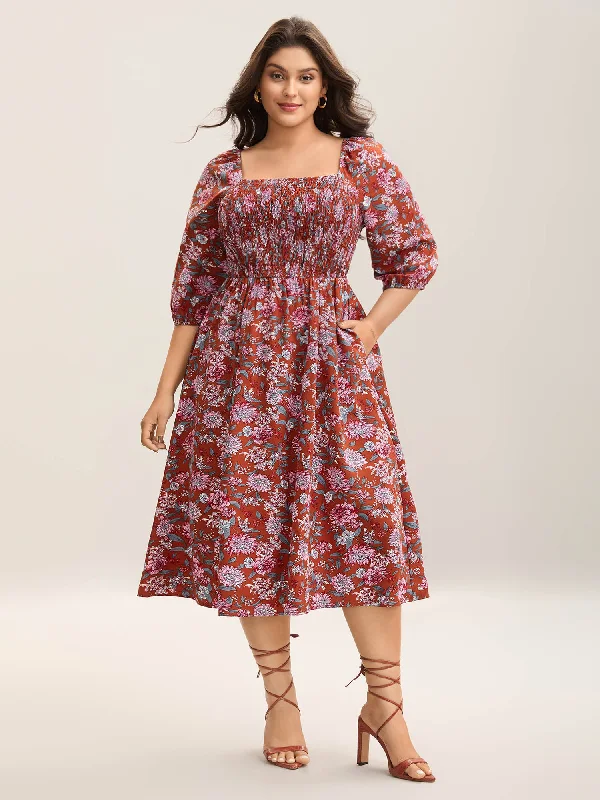  Flirty Floral Print Shirred Pockets Midi Dress