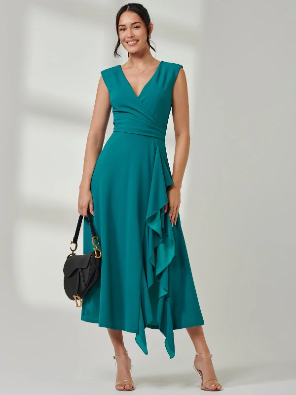 Plaid midi dresses for a fall - themed family gathering Wrap Front Frill Detail Maxi Dress, Teal Plaid midi dresses for a fall - themed family gathering Wrap Front Frill Detail Maxi Dress, Teal