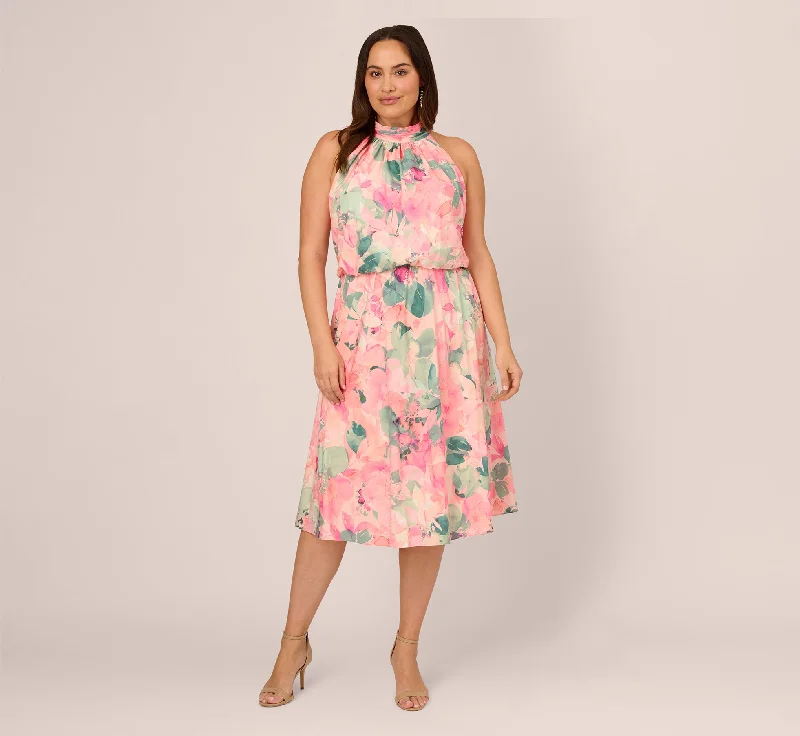  Plus Size Floral Print Chiffon Halter Dress With Mock Neck In Blush Multi