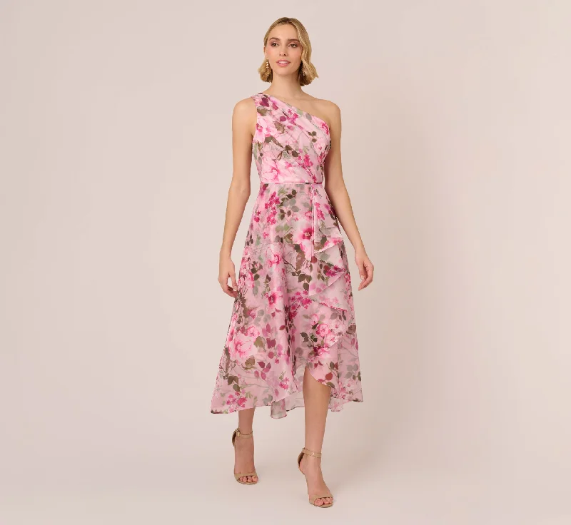 Midi dresses with lace - up fronts for a unique and adjustable style Floral Print Organza Midi Dress With One Shoulder Neckline In Pink Multi Midi dresses with lace - up fronts for a unique and adjustable style Floral Print Organza Midi Dress With One Shoulder Neckline In Pink Multi