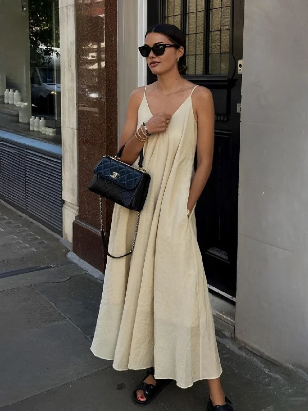 Satin Casual Dresses with a Shiny Finish​ Double Layers V-neck Long Dress