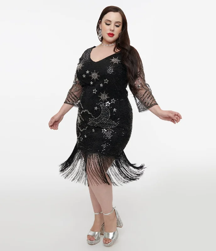 Everyday Long - sleeved Dress with Cuffed Sleeves for Winter​ Unique Vintage Plus Size 1920s Black & Silver Moon & Stars Sequin Margaux Flapper Dress