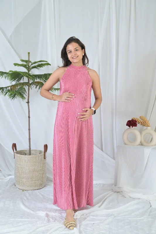 Maternity dress for a baby's first visit to the vineyard Luxe Hot Pink Maternity Pleated Gown