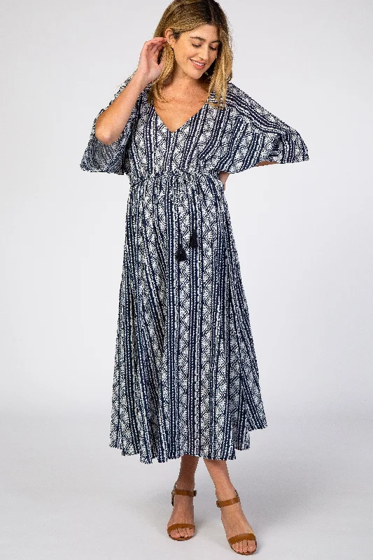 Maternity dress for a baby's first visit to the brewery Navy Printed V-Neck Maternity Midi Dress