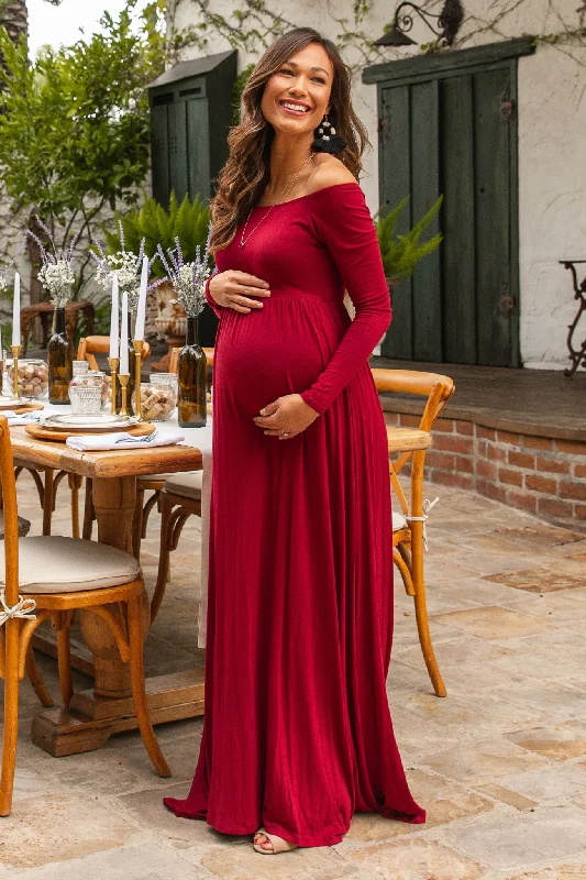Maternity dress for a summer barbecue PinkBlush Burgundy Solid Off Shoulder Maternity Maxi Dress