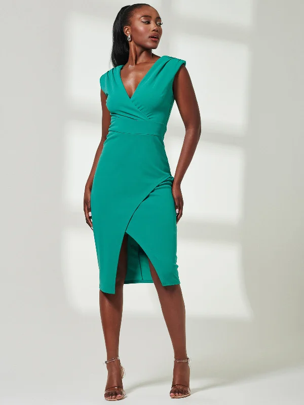 Midi dresses with patchwork patterns for a one - of - a - kind style Yseult V-Neck Split Bodycon Dress, Green Midi dresses with patchwork patterns for a one - of - a - kind style Yseult V-Neck Split Bodycon Dress, Green