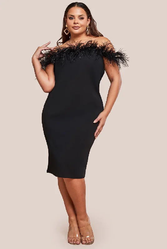 Midi dresses with ribbed textures for a unique and tactile appearance Off The Shoulder Feather Midi Dress - Black by Goddiva Plus Midi dresses with ribbed textures for a unique and tactile appearance Off The Shoulder Feather Midi Dress - Black by Goddiva Plus