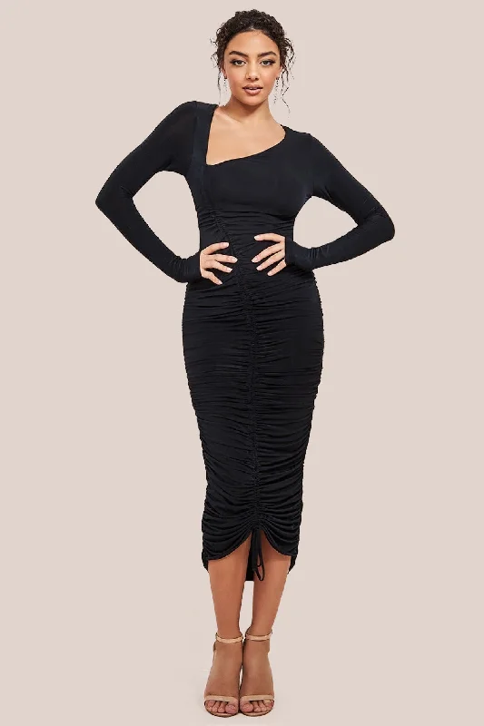 Midi dresses with polka dot prints for a playful summer outfit Asymmetrical Neck Ruched Midi Dress - Black by City Goddess Midi dresses with polka dot prints for a playful summer outfit Asymmetrical Neck Ruched Midi Dress - Black by City Goddess