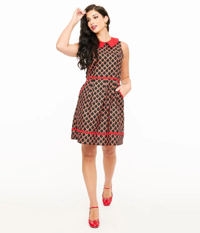 Everyday Dress with Paneled Skirt for a Unique Look​ Retrolicious 1950s Black & Red Bow Cotton Fit & Flare Dress