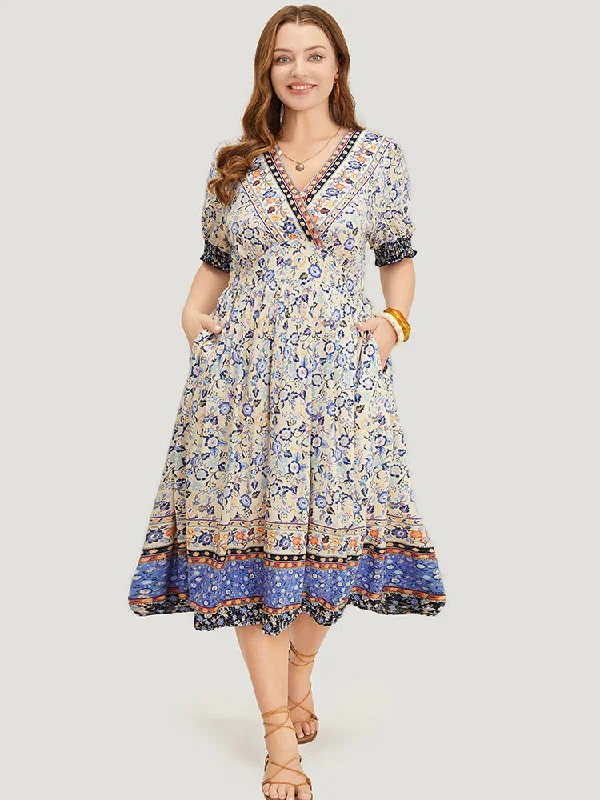 Everyday Boho - style Dress with Fringe​ Bandana Print Surplice Neck Pocket Shirred Puff Sleeve Dress