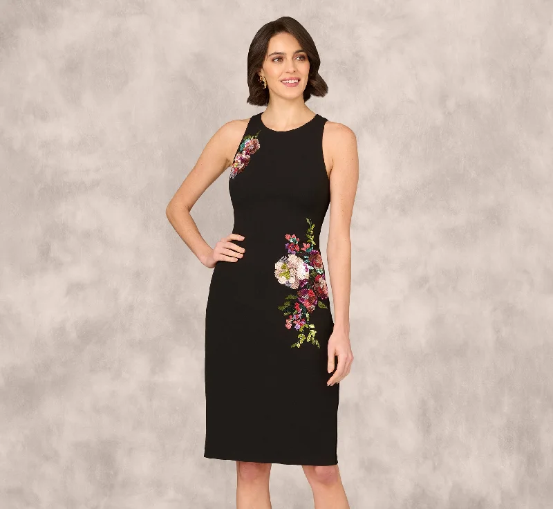 Midi dresses with patchwork patterns for a one - of - a - kind style Sleeveless Sequin Flower Sheath Midi Dress In Black Midi dresses with patchwork patterns for a one - of - a - kind style Sleeveless Sequin Flower Sheath Midi Dress In Black