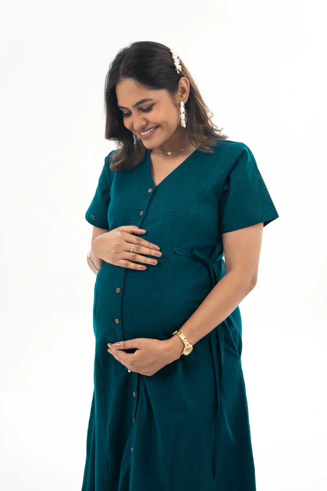 Maternity dress with side ruching to accommodate bump Nova Feeding Dress