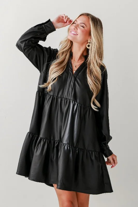 Mini dresses with beaded embellishments for a fancy event FINAL SALE - Alluring Reputation Black Tiered Leather Mini Dress