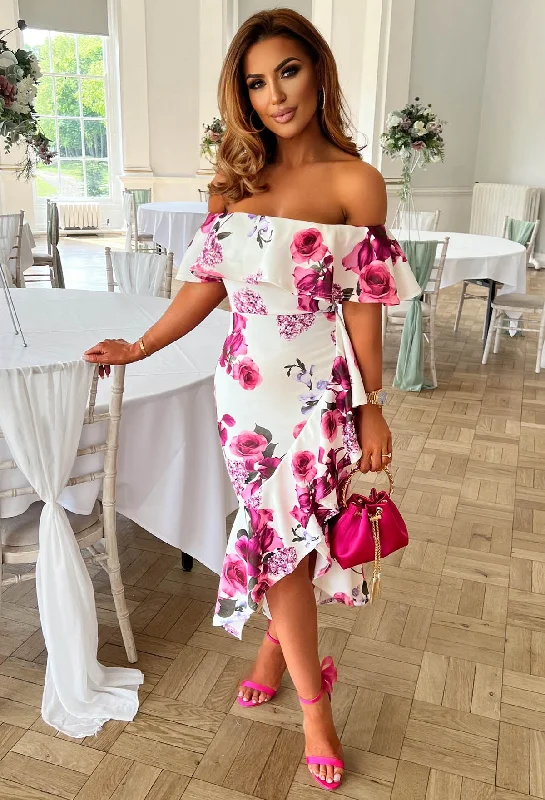 Midi dresses with cold - shoulder cutouts for a trendy style Perfect Love White Floral Bardot Midi Dress Midi dresses with cold - shoulder cutouts for a trendy style Perfect Love White Floral Bardot Midi Dress