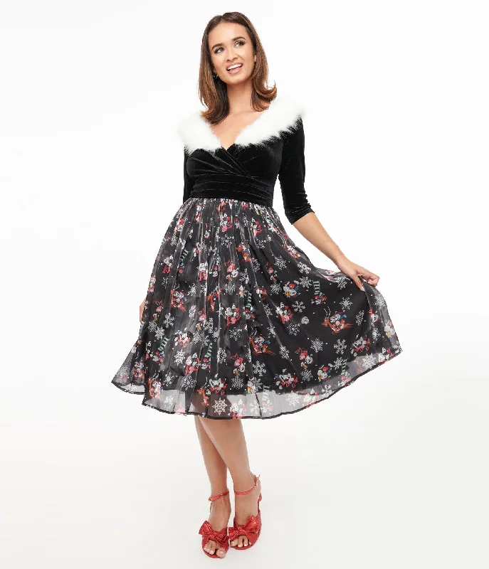 Everyday Dress with Durable Polyester - cotton Blend for Long - lasting Wear​ Disney Holiday Collection by Unique Vintage Minnie & Mickey Fur Collared Marceline Swing Dress
