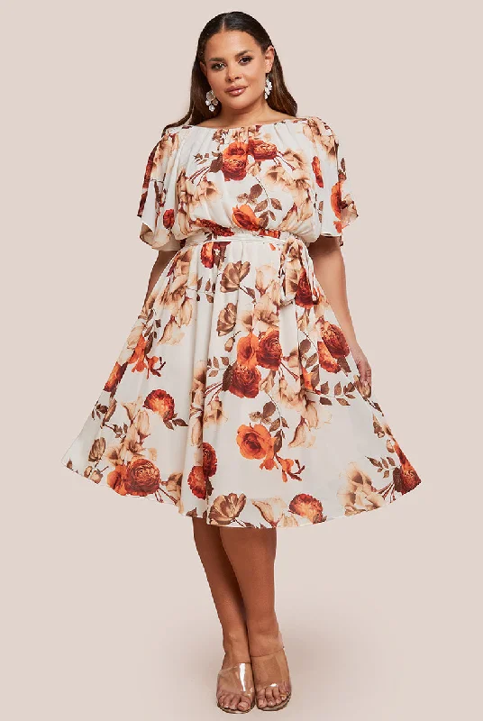 Midi dresses with lace - up fronts for a unique and adjustable style Goddiva Plus Wrap Back Flutter Sleeve Midi Dress - Beige Midi dresses with lace - up fronts for a unique and adjustable style Goddiva Plus Wrap Back Flutter Sleeve Midi Dress - Beige