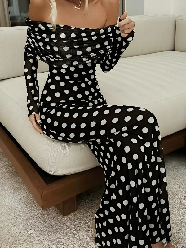 Pleated Casual Dresses for a Structured Look​ Long Sleeve Off-Shoulder Polka Dot Print Long Dress