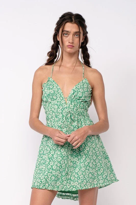 Brunch - Suitable Casual Dresses for a Relaxed Gathering​ Kristen Green Floral Halter Mini Dress