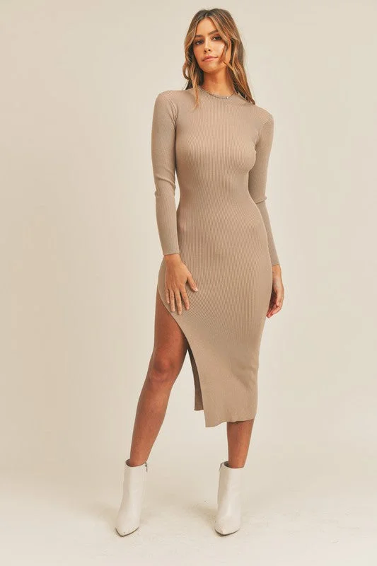 Velvet Casual Dresses for a Luxurious Look​ Pauline Taupe Ribbed Bodycon Midi Dress