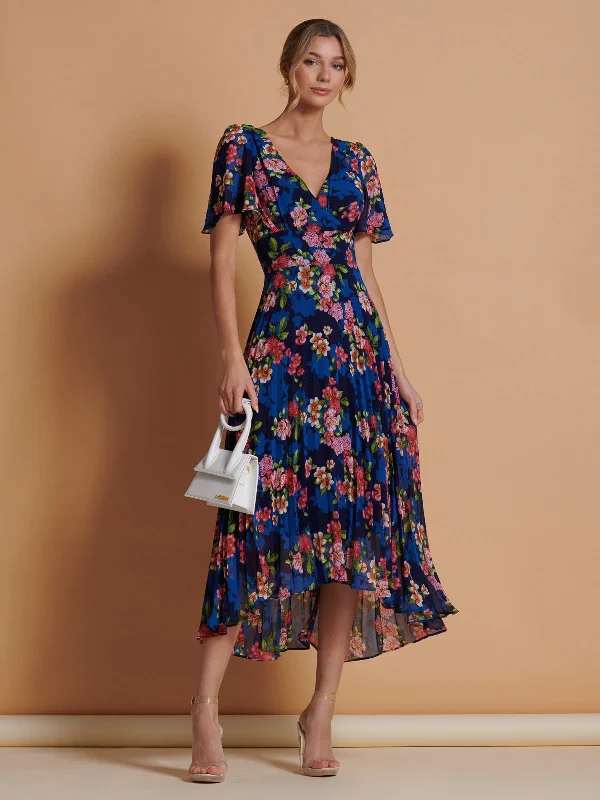 Midi dresses with ruffled bodices for a more pronounced feminine look Pleated Chiffon High Low Maxi Dress, Navy Floral Midi dresses with ruffled bodices for a more pronounced feminine look Pleated Chiffon High Low Maxi Dress, Navy Floral