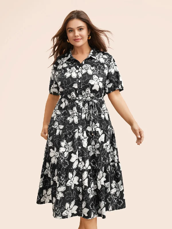 Everyday Corduroy Dress in Autumn Colors​ Floral Shirt Collar Belted Midi Dress