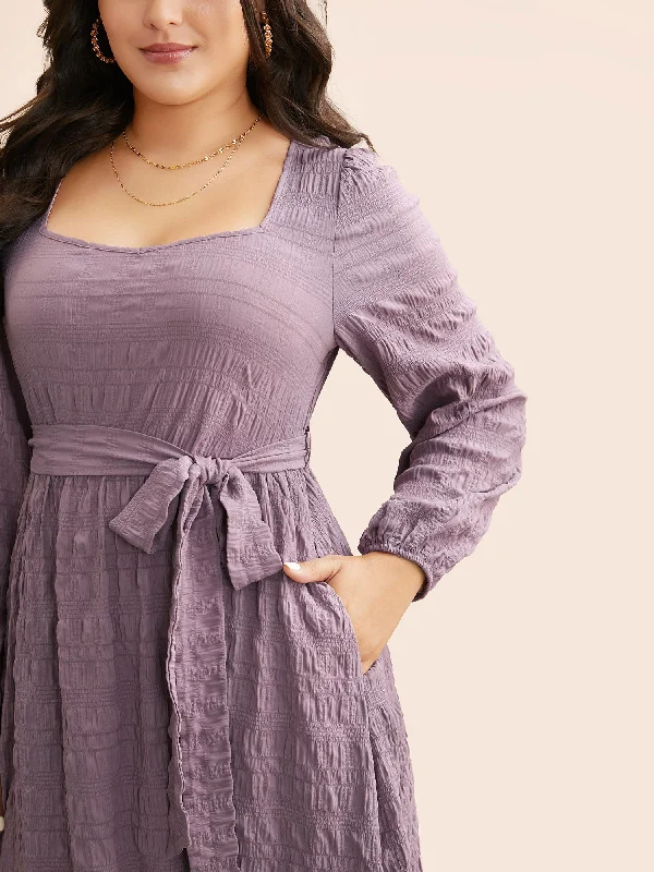  Square Neck Plain Textured Belted Dress