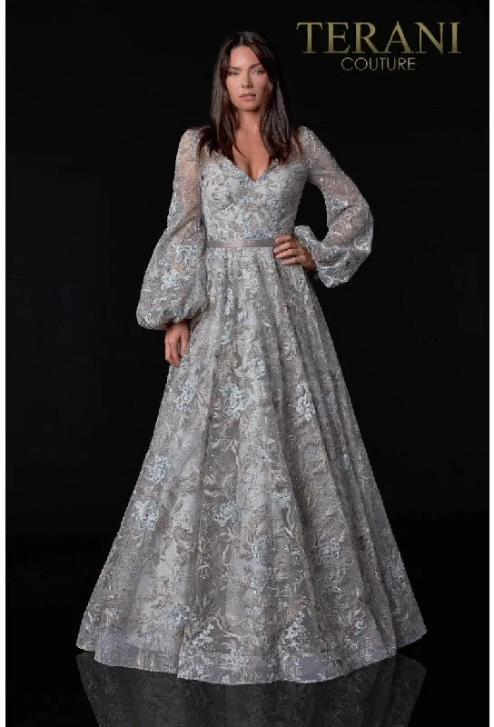 Maternity dress for a baby's first visit to the pool Terani Couture 2112M5407D Long Sleeve Formal Gown