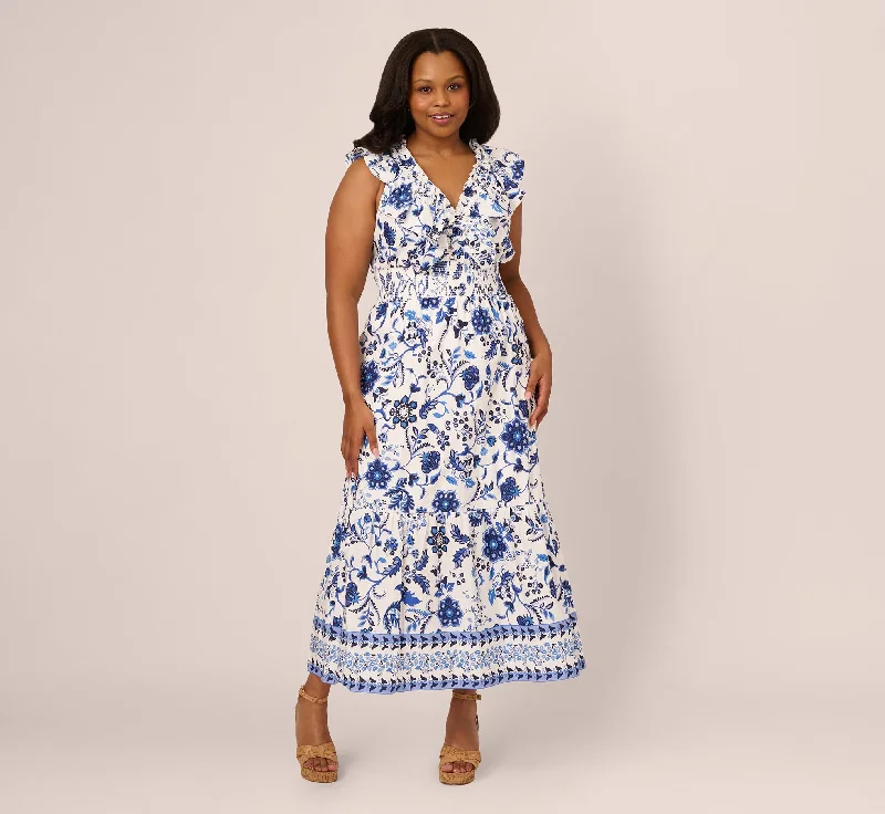 Everyday Short - sleeved Dress with Puffed Sleeves for a Retro Look​ Plus Size Sleeveless Ruffle Collar Printed Midi Dress In White Blue Multi