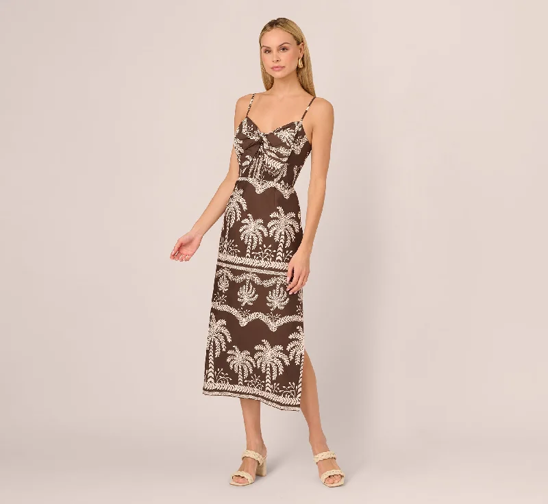  Sleeveless Bow Front Palm Tree Sundress In Brown Ivory
