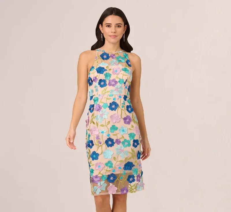  Multicolor Floral Embroidered Halter Midi Dress In Blue Multi
