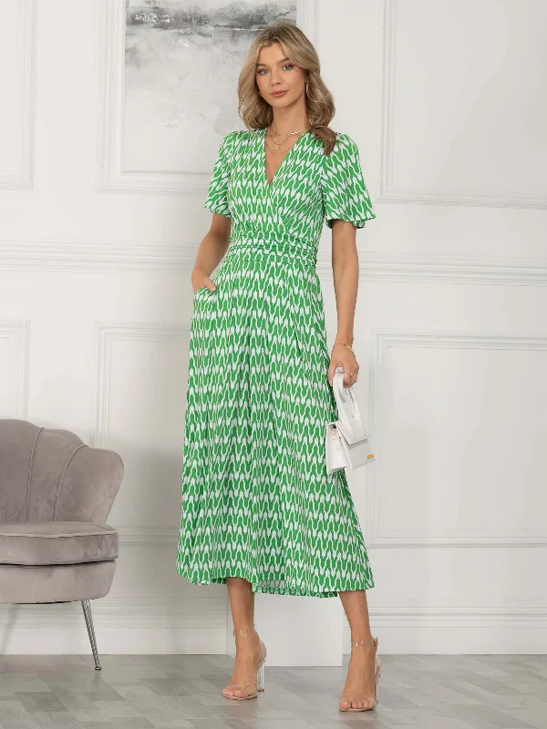 Midi dresses with tassel accents for a bohemian and free - spirited style Jaylynn Flare Sleeve Jersey Maxi Dress, Green Geometric